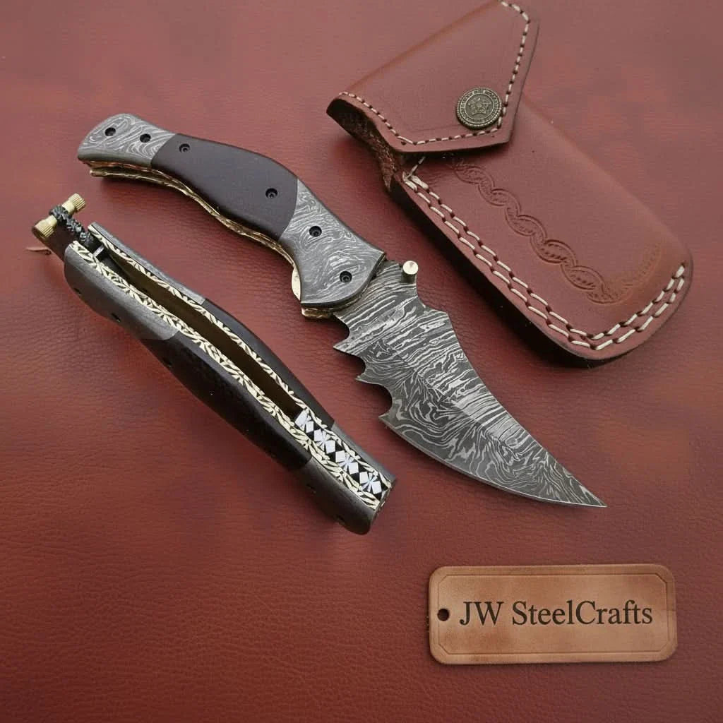 Handmade Damascus Folding Knife with Dark Wood Handle & Spine Jimping – Custom EDC Pocket Knife by JW SteelCrafts by JW SteelCrafts, Damascus knife main product photo