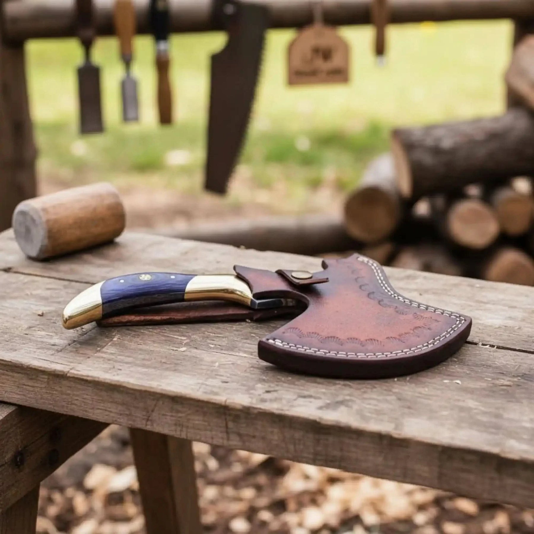 Hand-Forged Damascus Bearded Hatchet with Purple wood and brass Handle