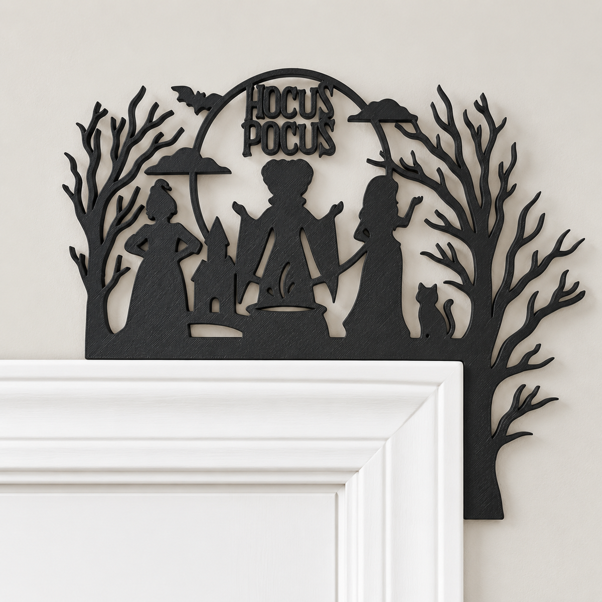 All-black Hocus Pocus witch silhouette Halloween door topper close-up