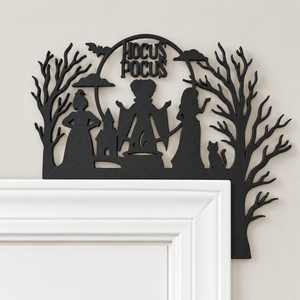 All-black Hocus Pocus witch silhouette Halloween door topper close-up