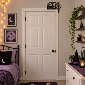 Black witch silhouette Halloween door topper shown on a full door