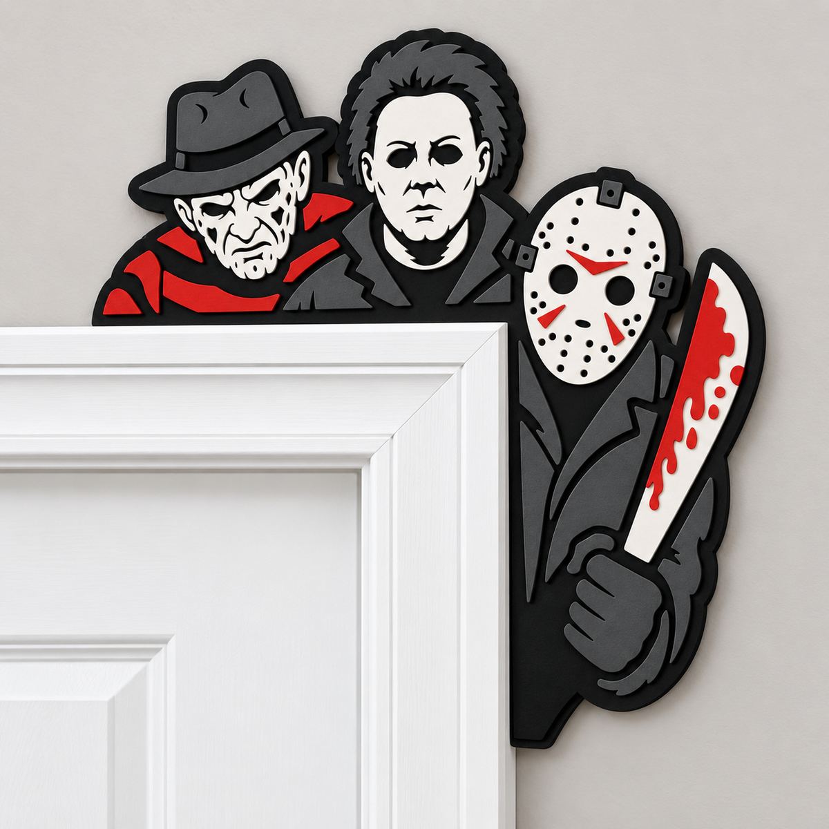Three masked horror icons Halloween door corner topper close-up