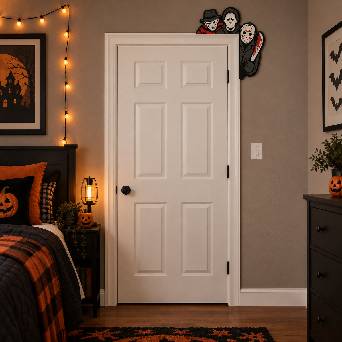 Horror icons Halloween door corner topper shown on a full door