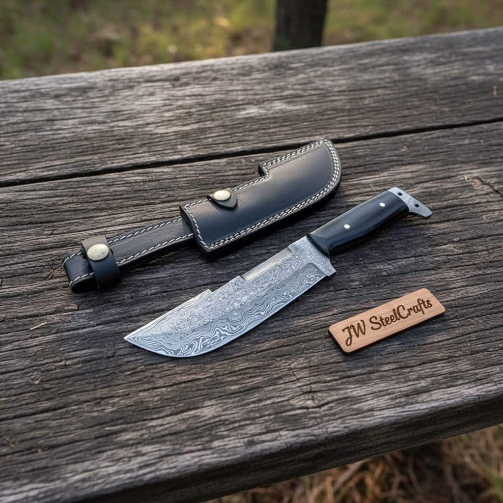 Hunting Knife Hunting 10.50" Tanto Style Knife with Buffalo Horn Handle with Sheath by JW SteelCrafts, leather knife sheath detail photo 2
