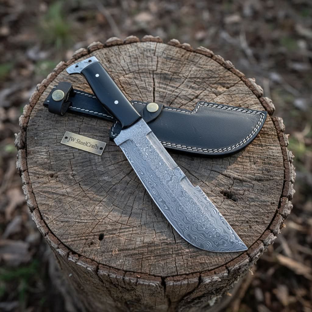 Hunting Knife Hunting 10.50" Tanto Style Knife with Buffalo Horn Handle with Sheath by JW SteelCrafts, leather knife sheath main product photo