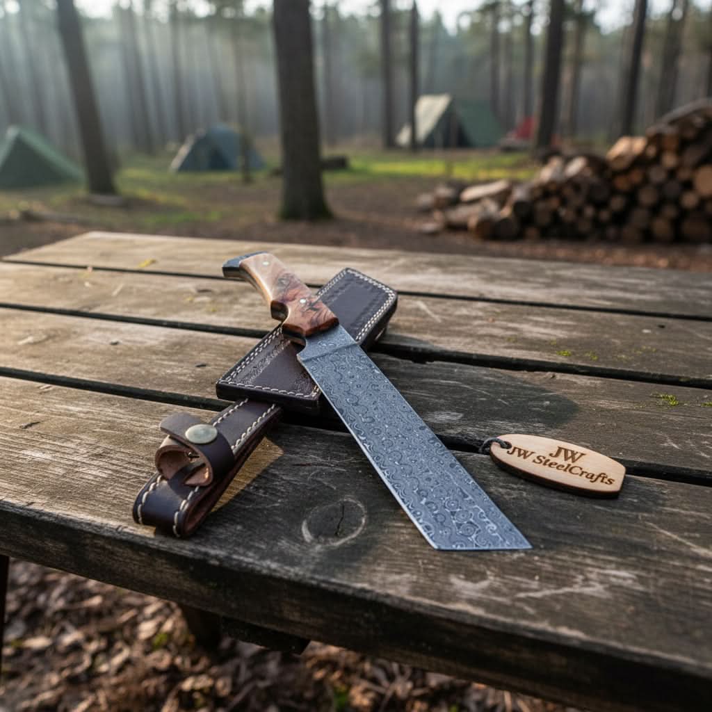 Hunting Knife Hunting 12" Tanto Knife with Olive Wood Handle with Sheath by JW SteelCrafts, leather knife sheath main product photo