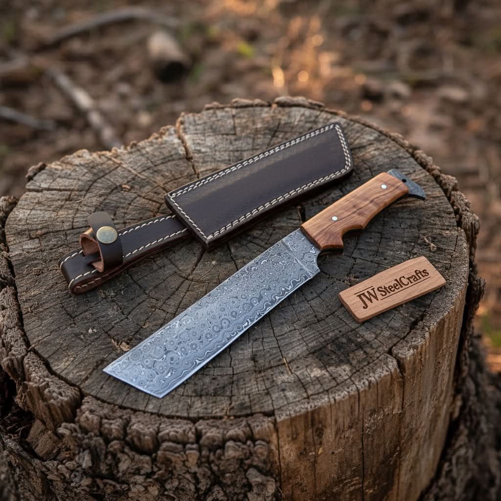 Hunting Knife Hunting 12" Tanto Knife with Olive Wood Handle with Sheath by JW SteelCrafts, leather knife sheath detail photo 2