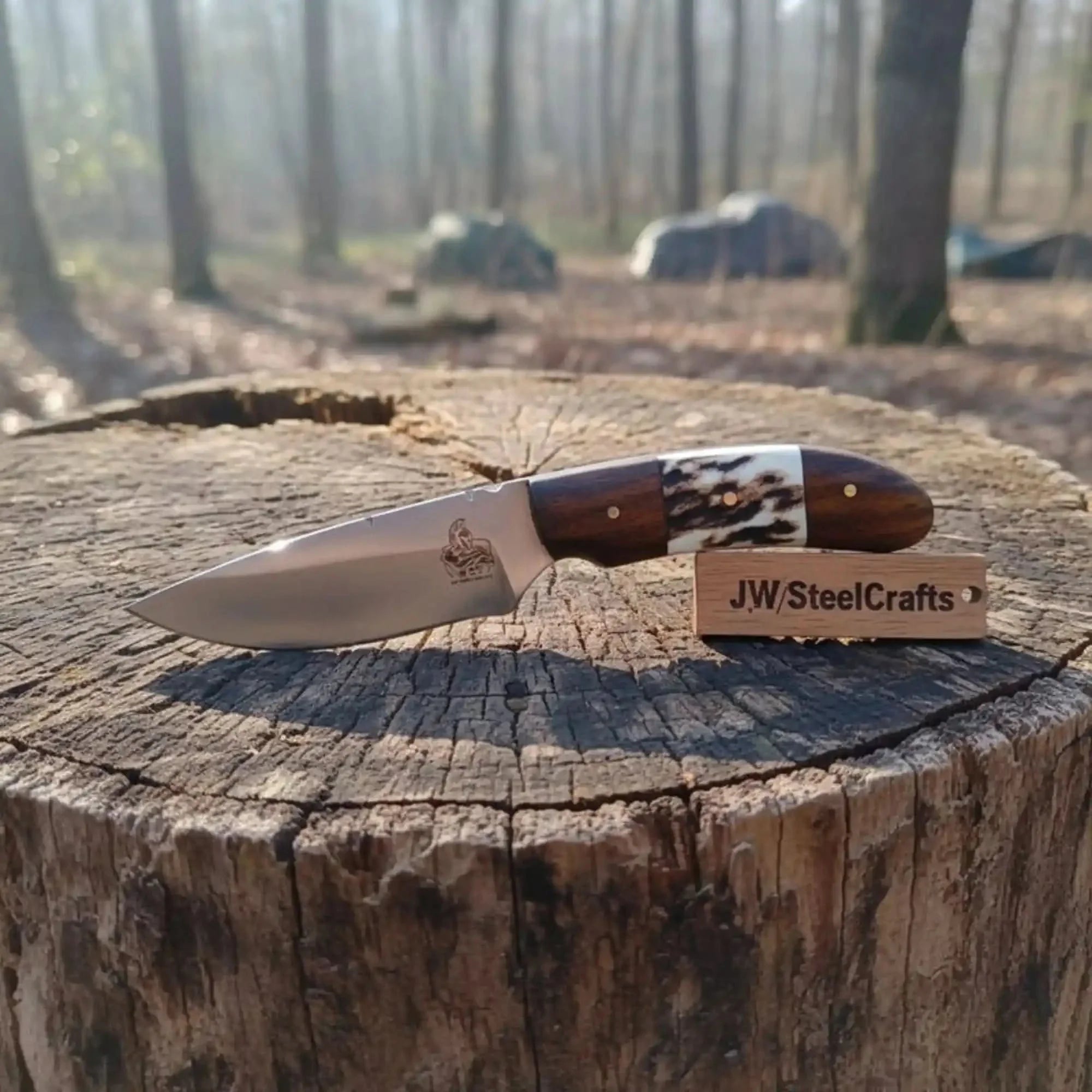 Custom Skinner Knife Deer Antler Rosewood Handle by JW SteelCrafts, Damascus knife main product photo