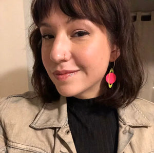 Additional view of Neon Saturn Hoop Earrings hand painted on lightweight wood by LE CHIC MIAMI