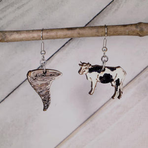 Cow and Tornado Wooden Earrings | Funny Weather Storm Jewelry
