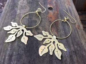 Houseplant earrings , Hammered metal pothos plant hoops, Greenery dangle earrings