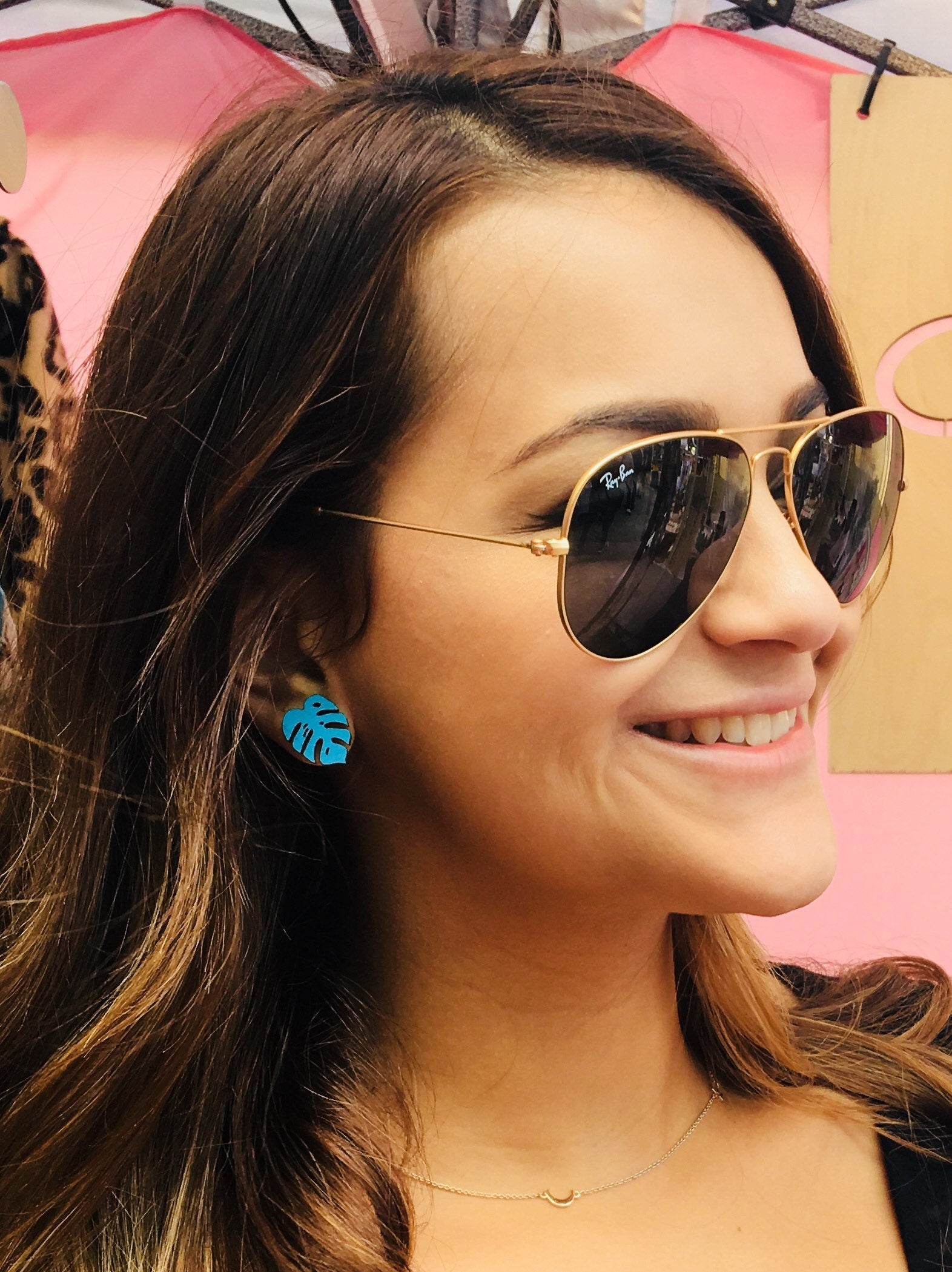 Additional view of Monstera Stud Earrings, 4 Colors Available hand painted on lightweight wood by LE CHIC MIAMI