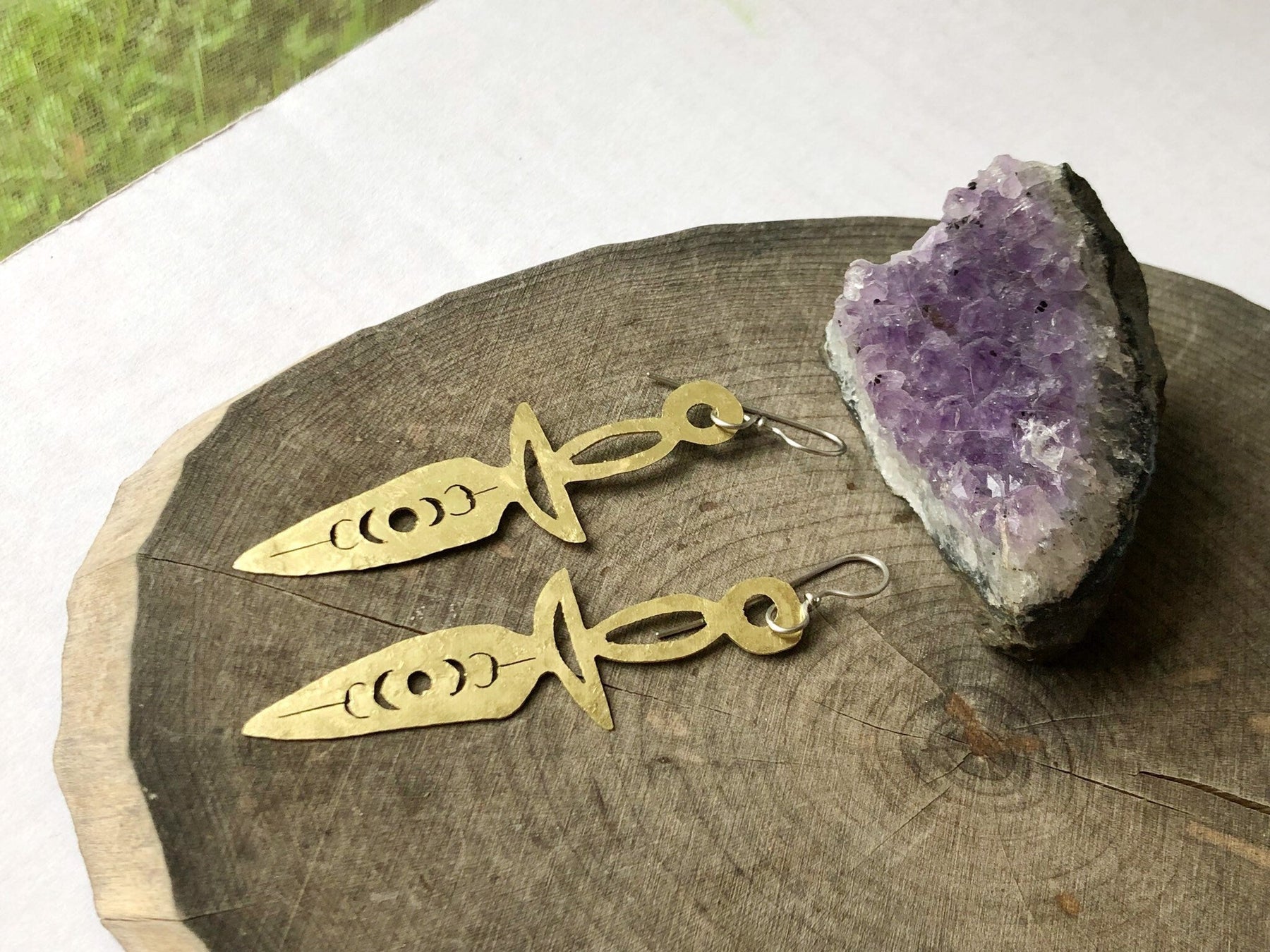 Dagger earrings, hammered metal jewelry, moon phase dagger earrings