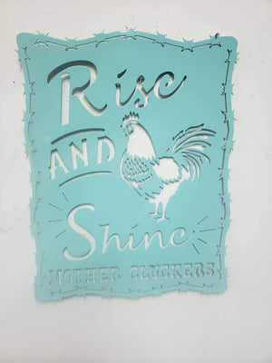 Rise and Shine Mother Cluckers Metal Sign – Rooster or Hen Design – Funny Farmhouse Wall Art with Barbed Wire Edge – 18"x14" Plasma Cut Steel