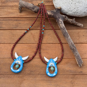 Handmade Southwestern Ceramic Horned Bead Necklace: Agate & Turquoise
