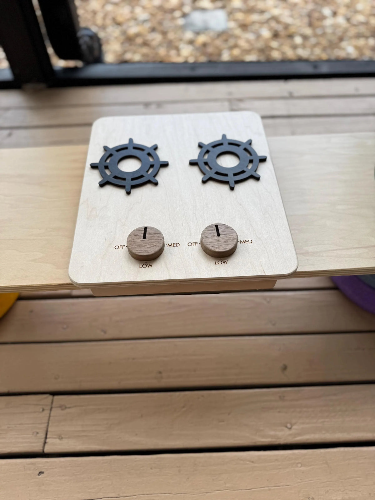 Wooden play kitchen topper with burners and turning knobs