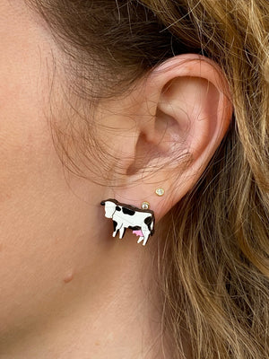 Additional view of Cow Stud Earrings, 2 Colors Available hand painted on lightweight wood by LE CHIC MIAMI