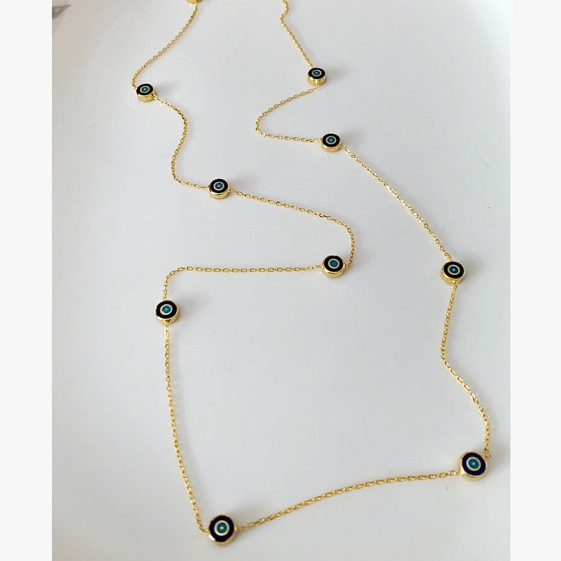 Delilah Evil Eye Station Necklace - 24" Long | Navy | Gold Vermeil handmade jewelry by Ke Bella