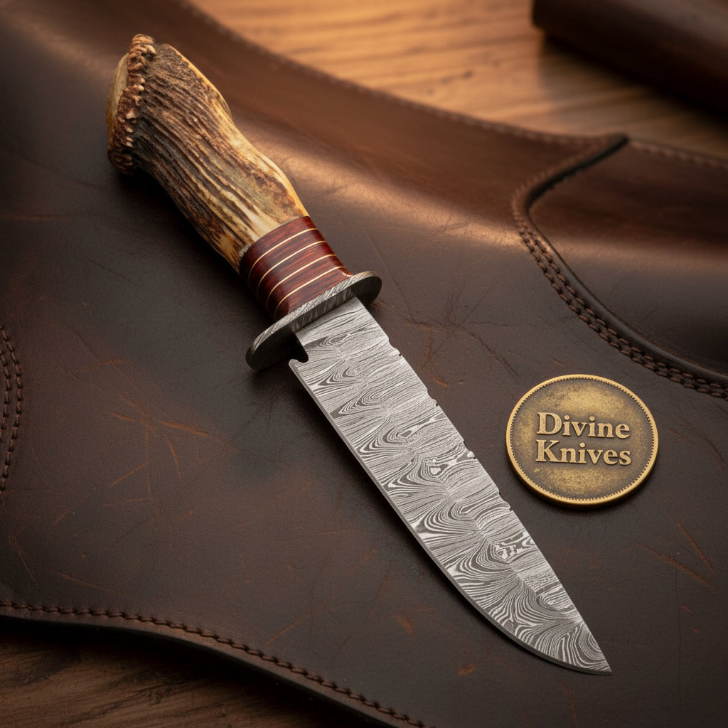 Crown Stag Damascus Hunting Bowie by Divine Knives