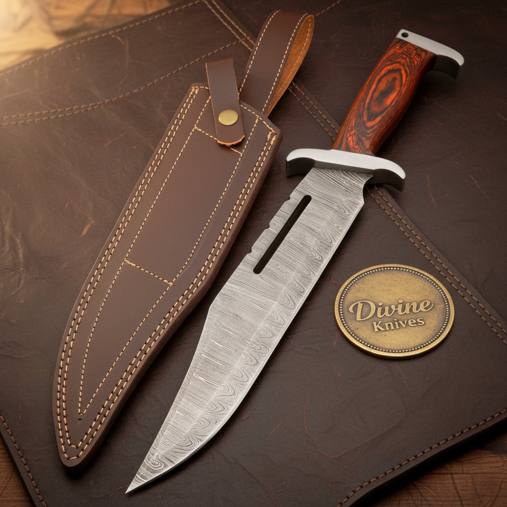 Slotted Blade Damascus Rambo Bowie Knife by Divine Knives