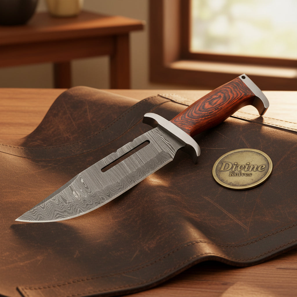 Slotted Blade Damascus Rambo Bowie Knife by Divine Knives — detail view 2