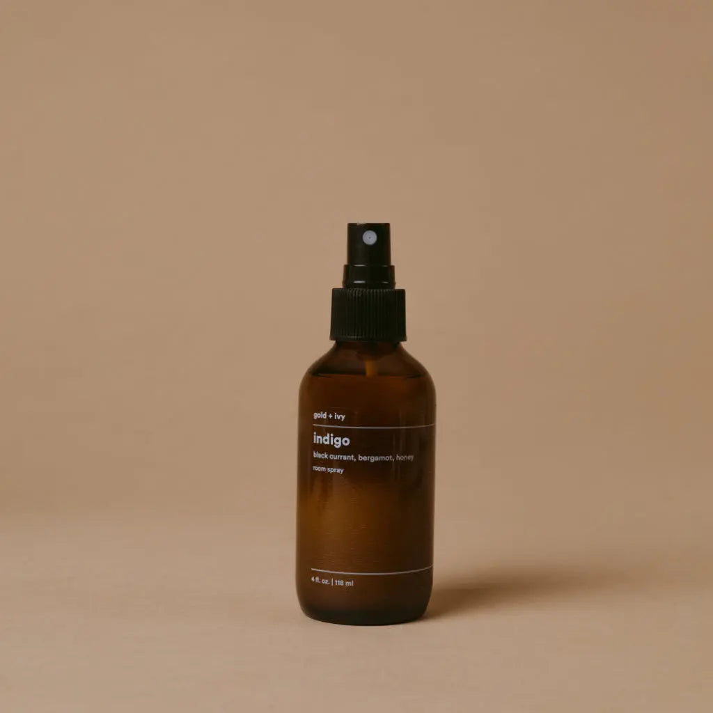 Indigo room spray by gold + ivy, scented candle detail photo 2