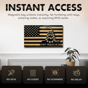 Dont Tread on Me Concealment Shelf - Quick Access Patriotic Hidden Gun Storage with Magnetic Lock - Safe & Secure Gun Concealment Furniture (Stripes)