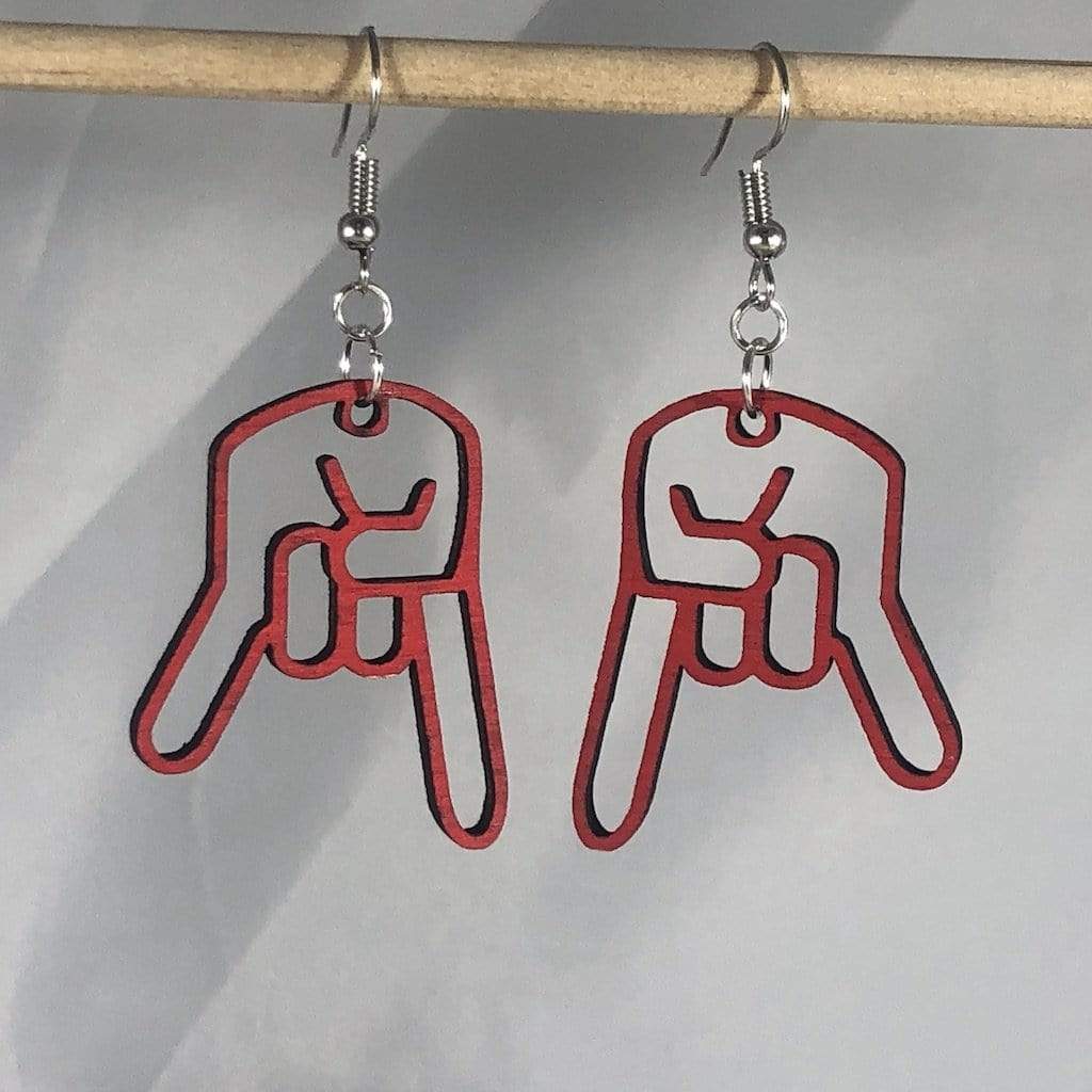 Inverted Hand Sign Wooden Dangle Earrings | Rock Gesture Jewelry