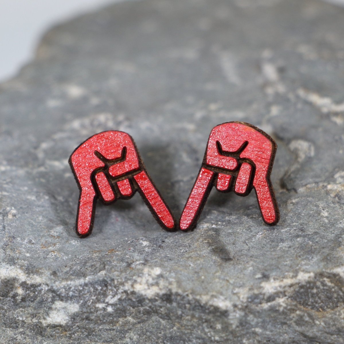 Inverted Hand Sign Wooden Dangle Earrings | Rock Gesture Jewelry