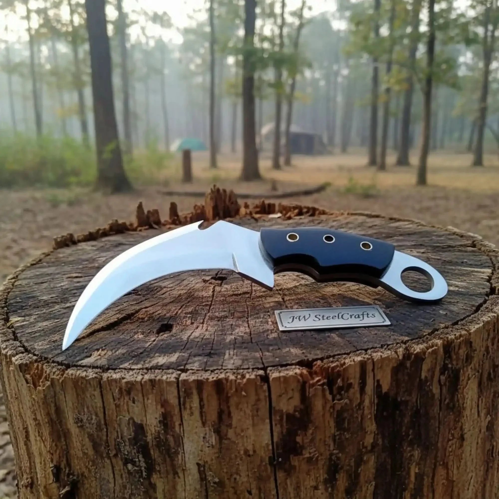 Damascus Steel Karambit Pair, Stag Horn & Wood Handle, 9-inch Blade by JW SteelCrafts, Southern lifestyle apparel main product photo