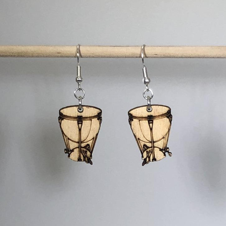 Kettle Drum Wooden Dangle Earrings | Timpani Music Jewelry by Cate's Concepts, LLC, handmade jewelry detail photo 2