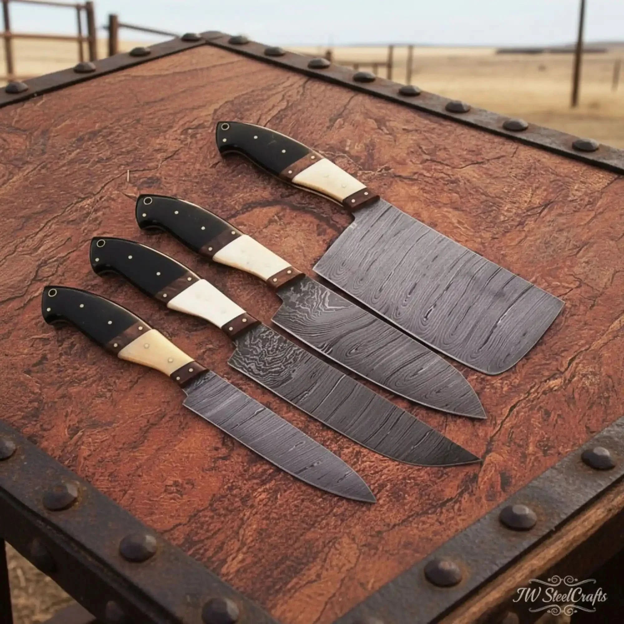 5 piece Handmade Damascus Kitchen Knife Set with Black Resin White Bone and Rosewood Handles by JW SteelCrafts, Damascus knife main product photo