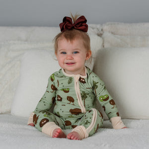Additional view of Kiwi Bird bamboo baby zip pajamas with hand drawn animal print