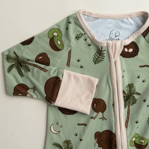 Additional view of Kiwi Bird bamboo baby zip pajamas with hand drawn animal print
