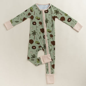 Kiwi Bird bamboo baby zip pajamas with hand drawn animal print