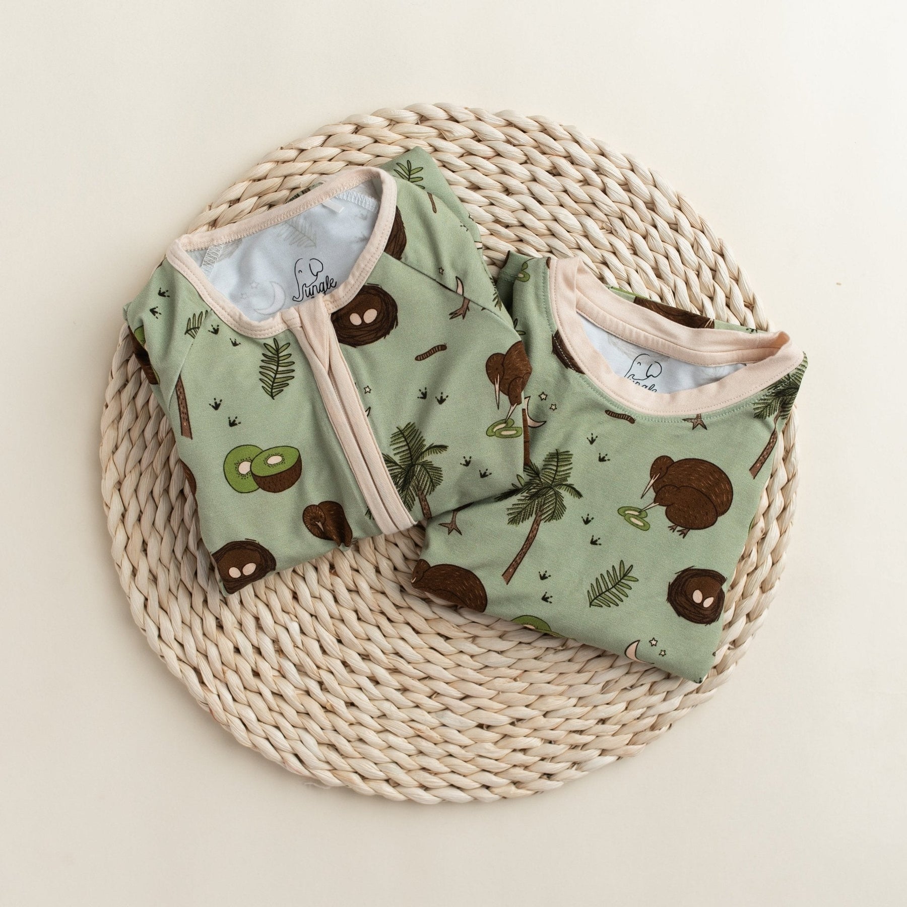 Additional view of Kiwi Bird bamboo baby zip pajamas with hand drawn animal print