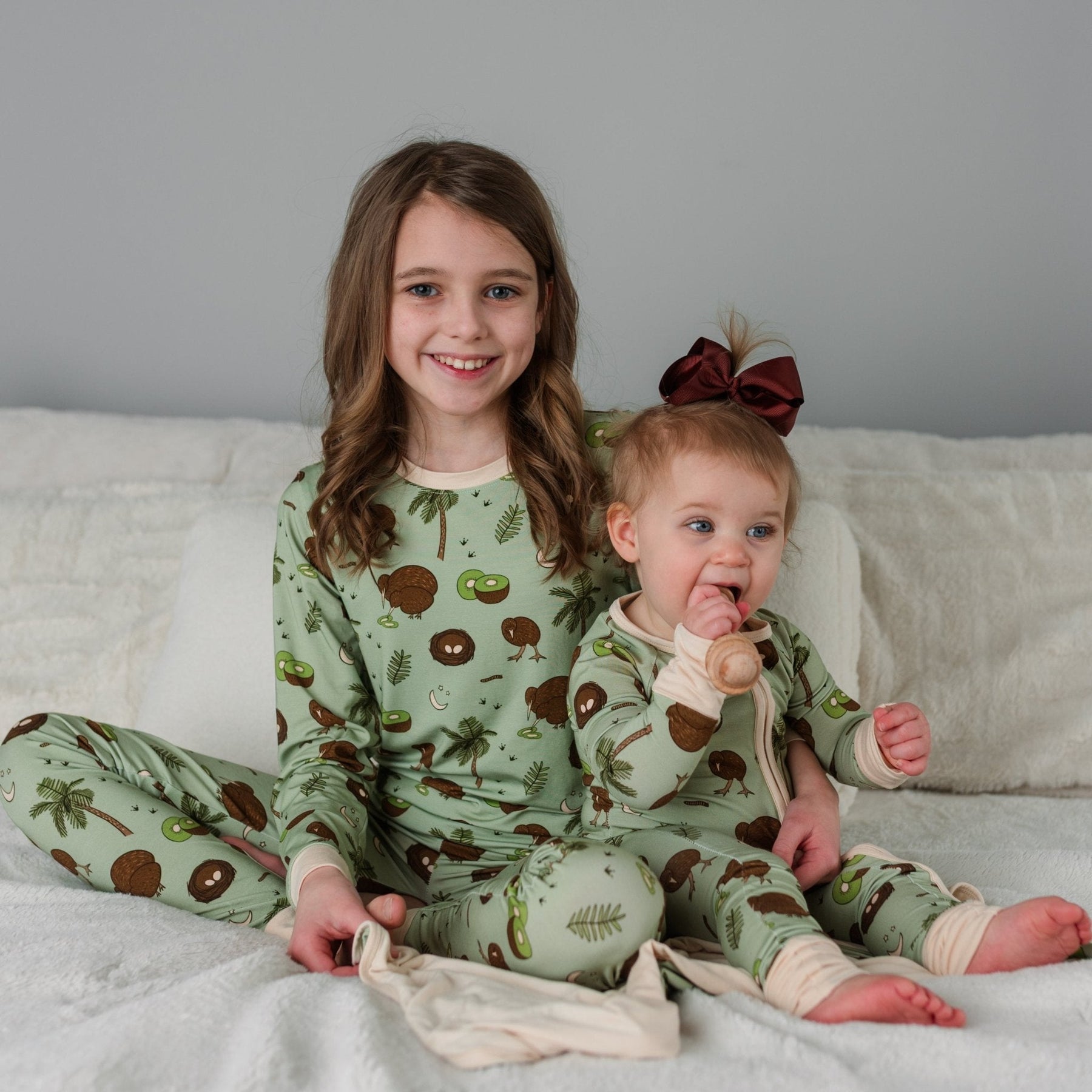 Additional view of Kiwi Bird bamboo two piece pajamas for kids with hand drawn animal print
