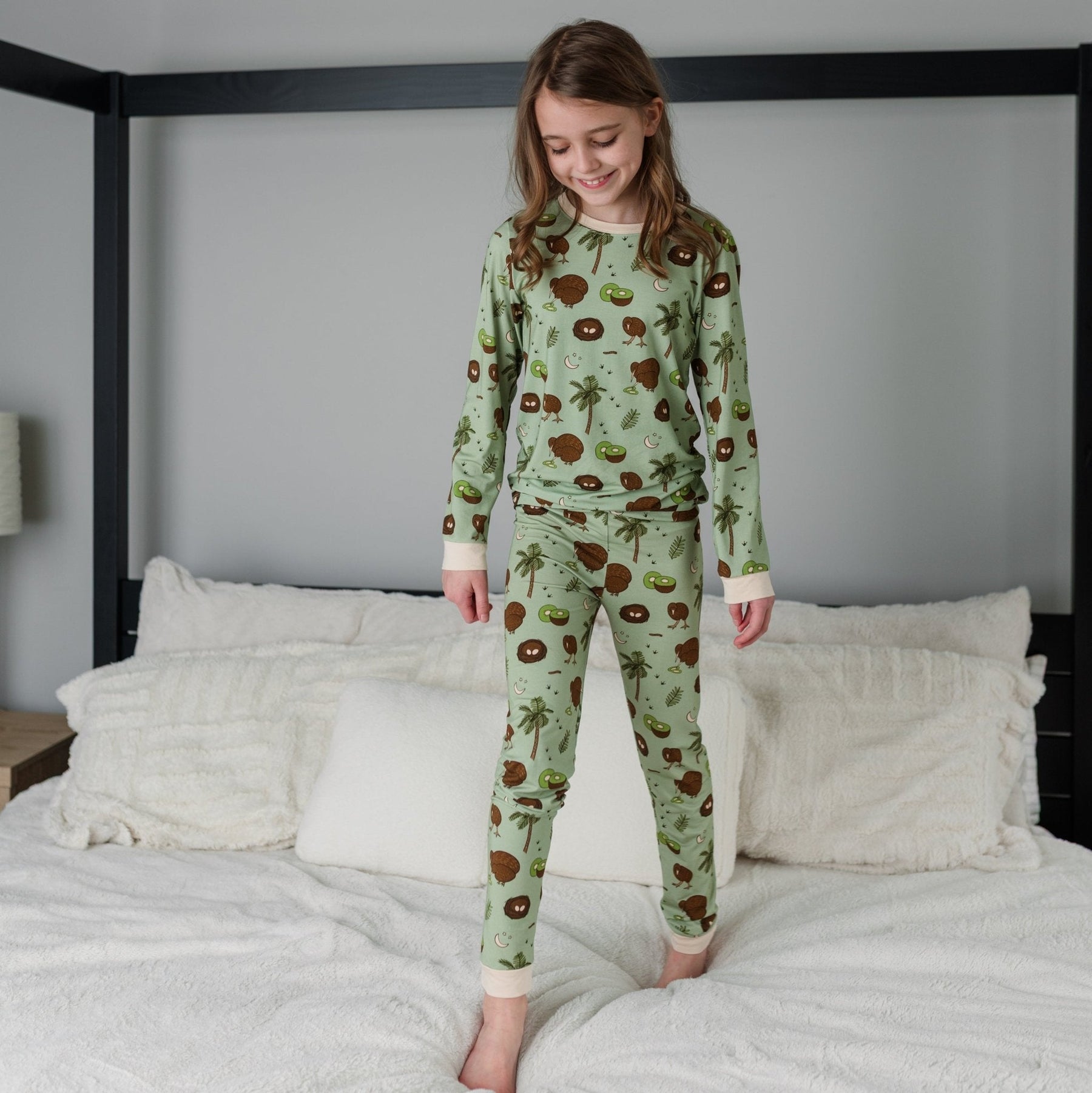 Additional view of Kiwi Bird bamboo two piece pajamas for kids with hand drawn animal print