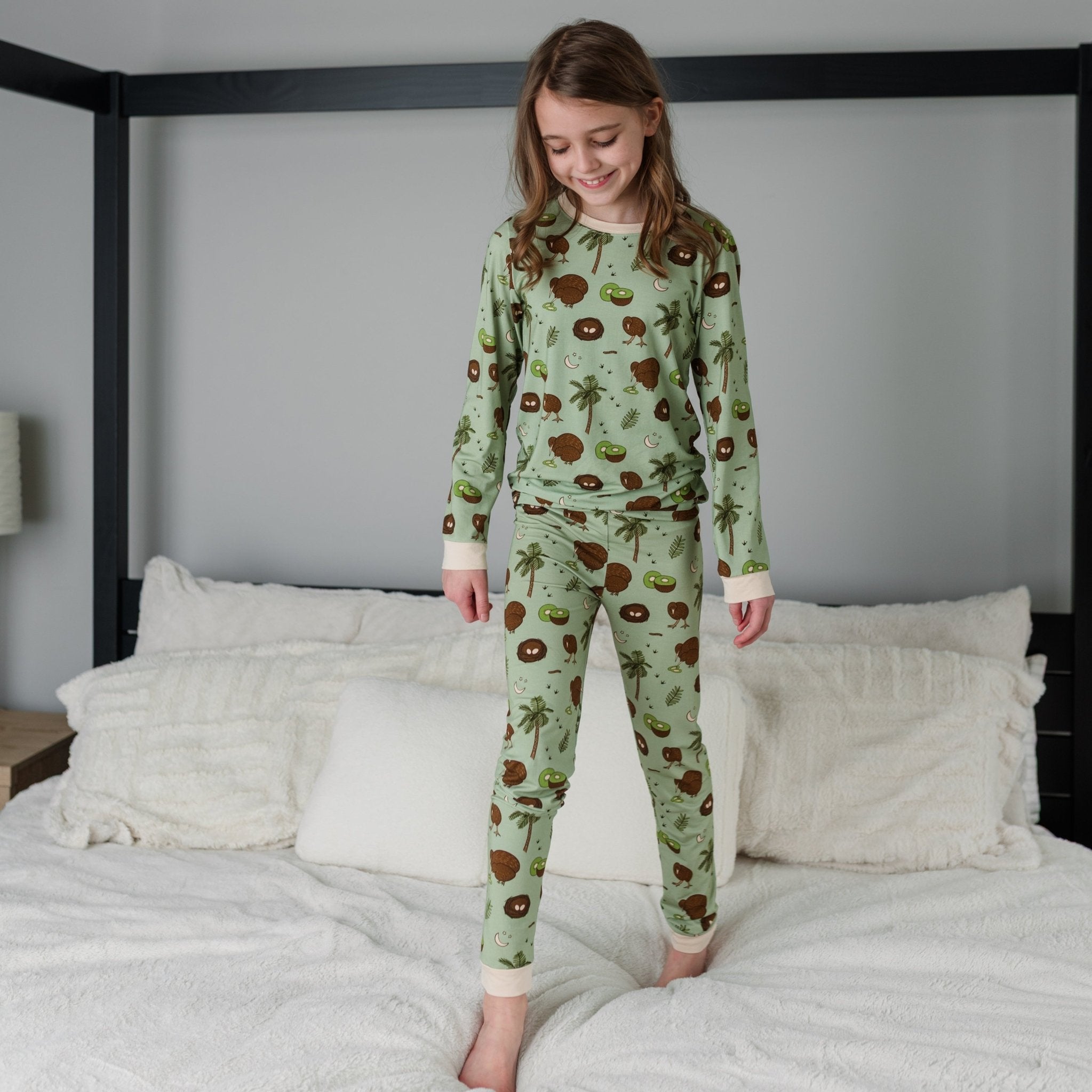 Additional view of Kiwi Bird bamboo two piece pajamas for kids with hand drawn animal print