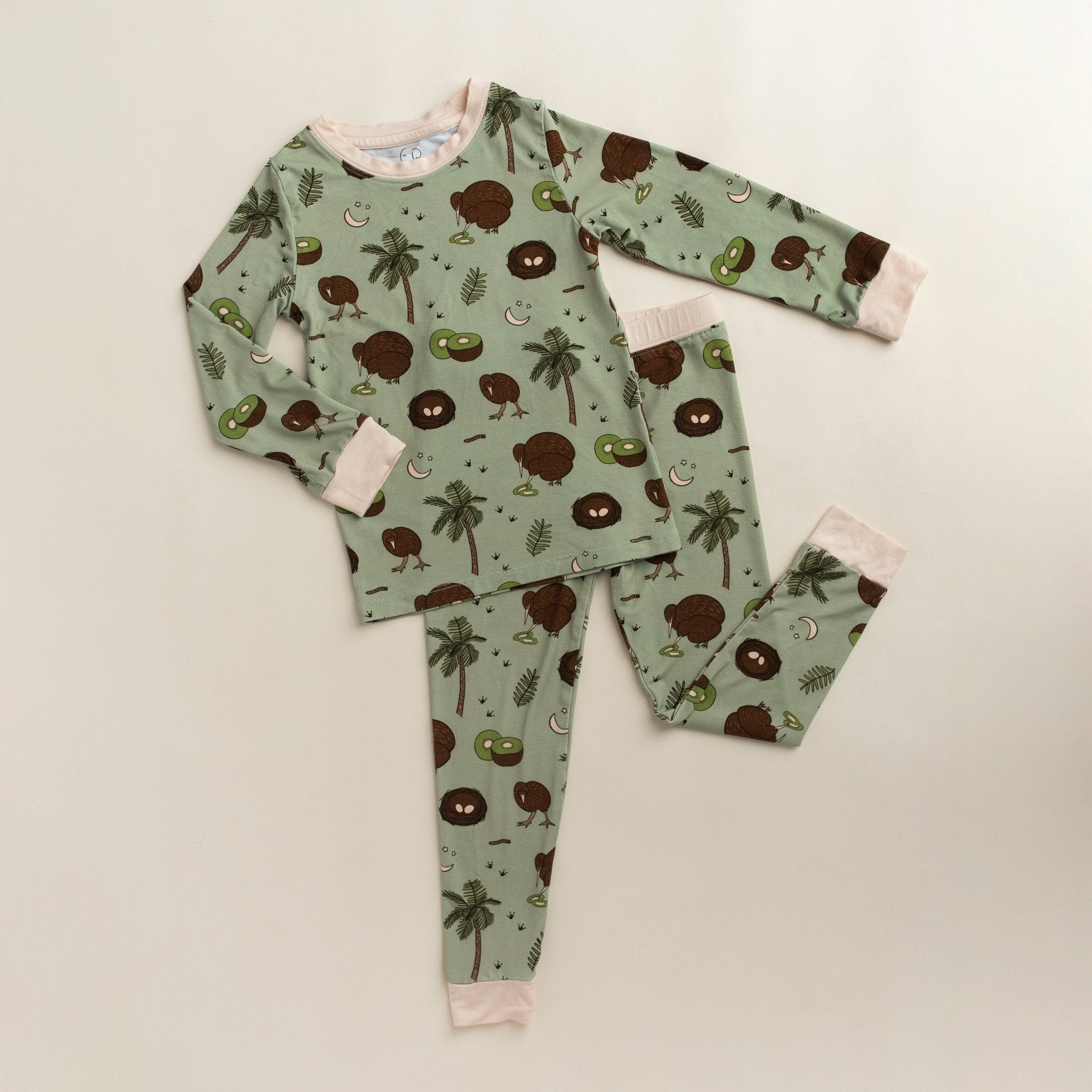 Kiwi Bird bamboo two piece pajamas for kids with hand drawn animal print