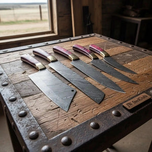 5-Piece Handmade Damascus Kitchen Knife Set – Red Pakkawood Handles & Brass Bolsters | Chef, Santoku, Bread, Utility & Cleaver