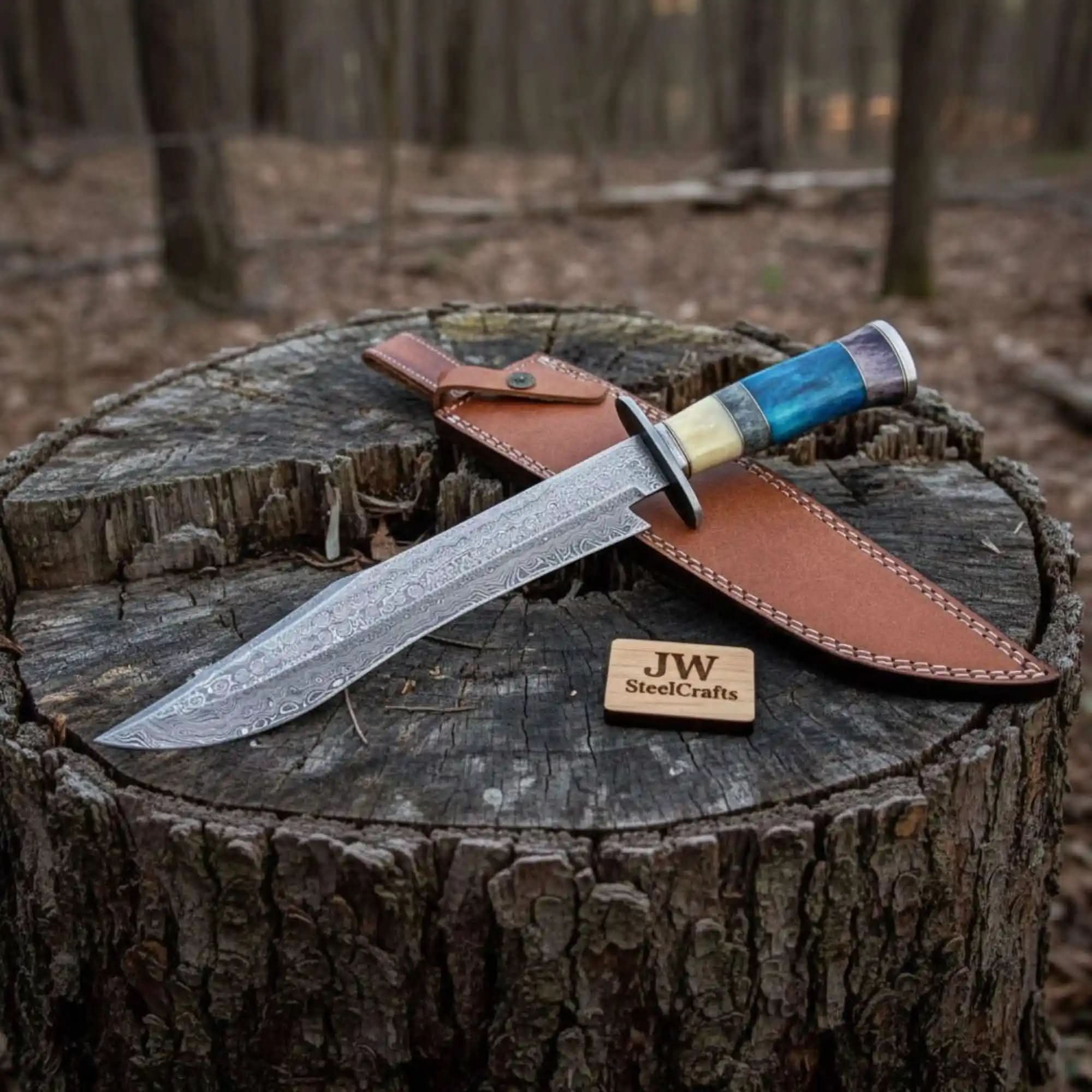 Long California Clip Point Bowie Knife in Forged Damascus Steel by JW SteelCrafts, Damascus knife main product photo
