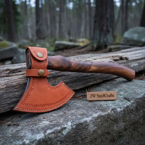Traditional Norse Bearded War Axe (Skeggøx) featuring Damascus Steel Head, Solid Wood Handle, Sheath Included
