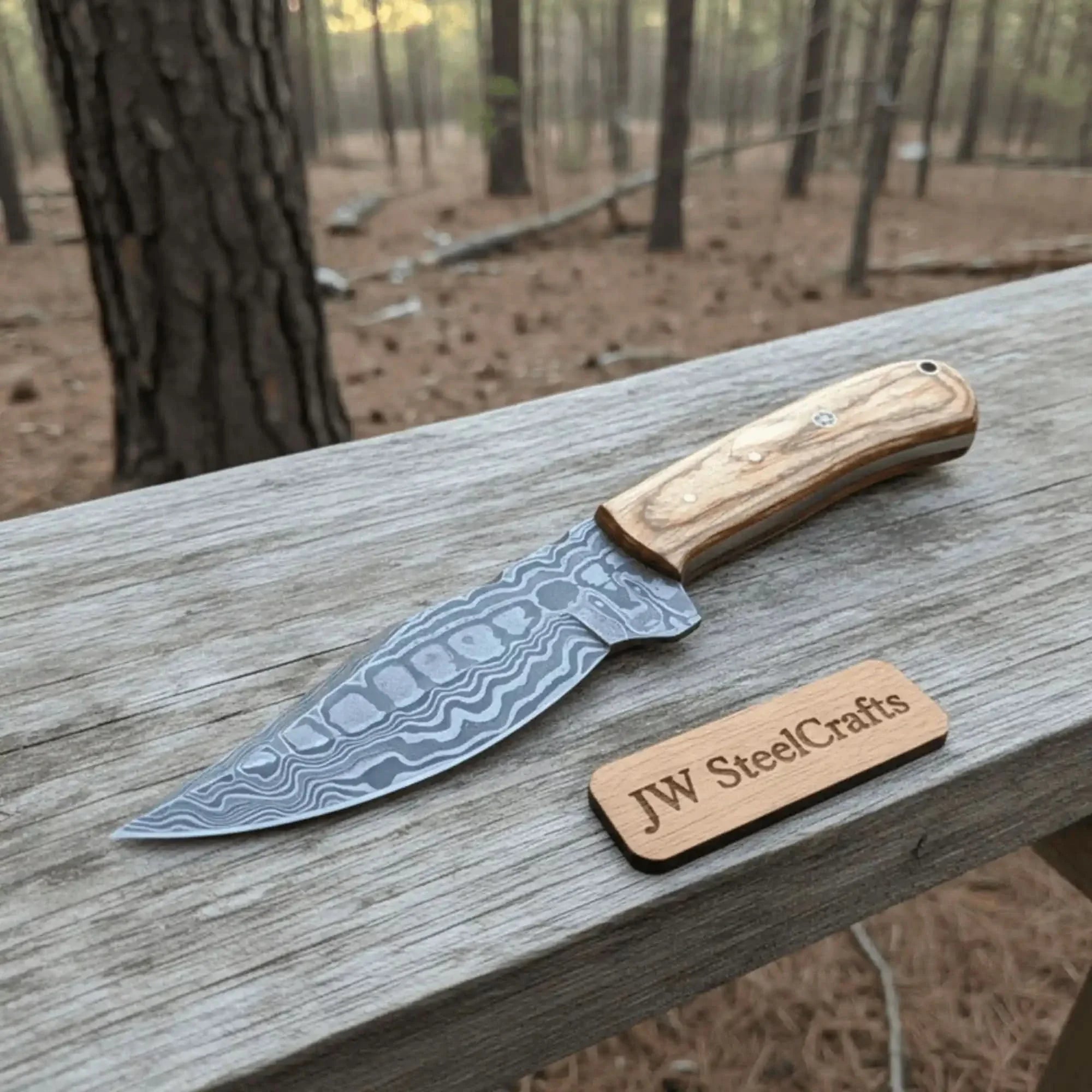 Custom Made Skinner Knife with Premium Wood Handle – Handmade Hunting Blade by JW SteelCrafts, Damascus knife main product photo