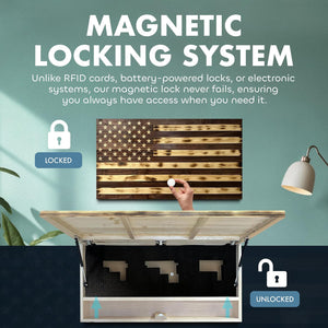 Large American Flag Gun Safe - Quick Access Hidden Gun Safe for Rifles, Shotguns, & Handguns - Gun Concealment Furniture with Magnetic Lock - Gun Self Hidden Storage (Red Mahogany)