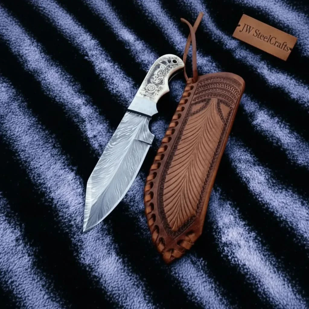 Handmade Damascus Drop Point Hunting Knife with Engraved Bone Handle and Leather Sheath by JW SteelCrafts, leather knife sheath detail photo 2