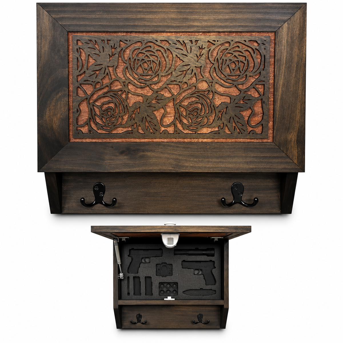 Gun and Roses Hidden Gun Cabinet – Decorative Concealment Coat Rack with Hat & Key Hooks