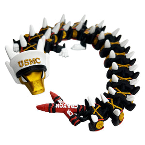 Marine Corps articulated dragon with USMC cover and crayon tail, angled view