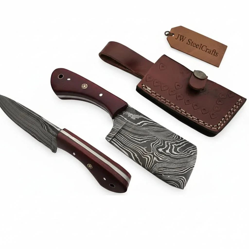 6-Inch Compact Damascus Mini Cleaver — Twisted Pattern Blade, Red Micarta Handle, Mosaic Pin & Tooled Leather Sheath | JW Steel Crafts by JW SteelCrafts, leather knife sheath