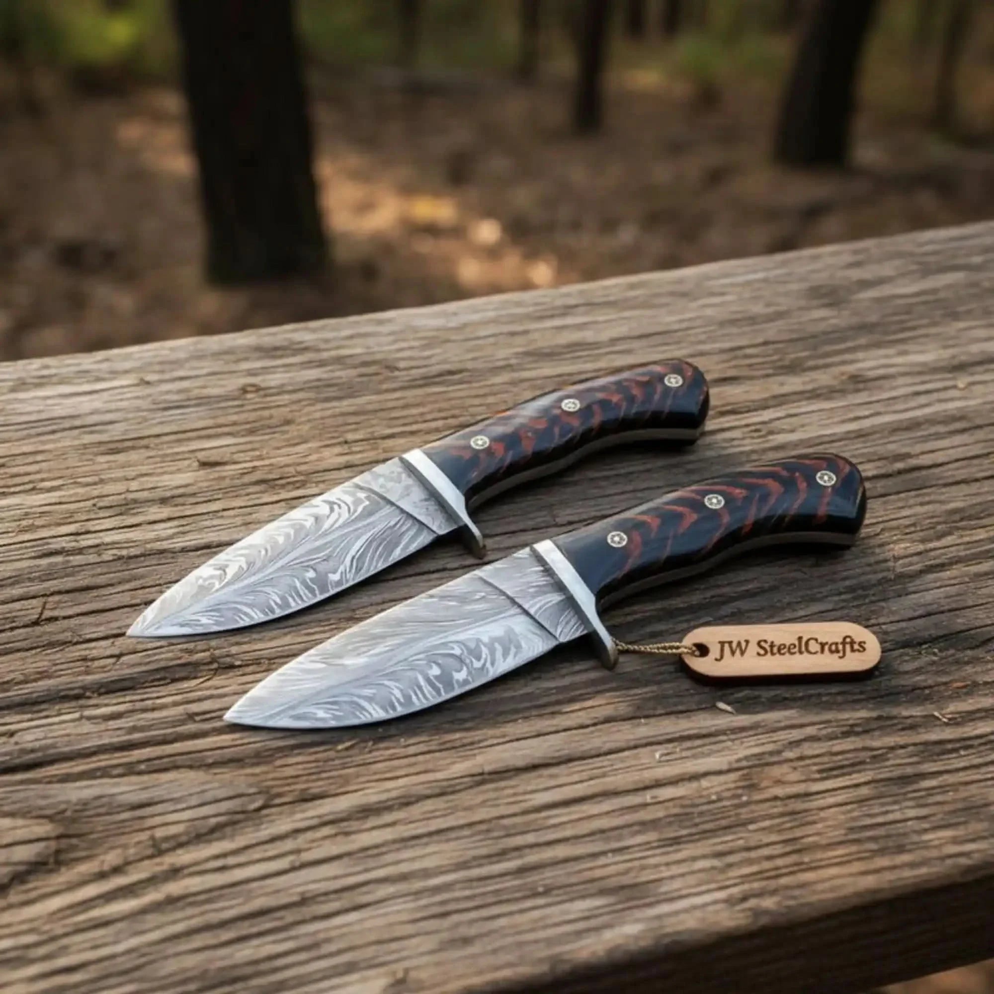 Feather Damascus Hunting Knife Set Fixed Blade by JW SteelCrafts, Damascus knife main product photo